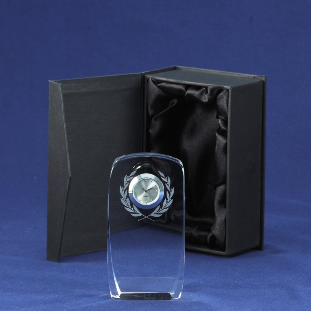 Crystal Award Clock - Laurels BOX