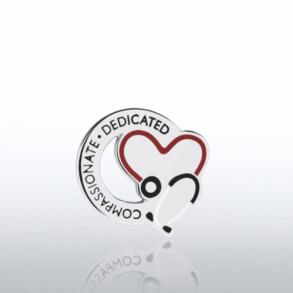 Lapel Pin - Stethoscope: Compassionate Dedicated - Round