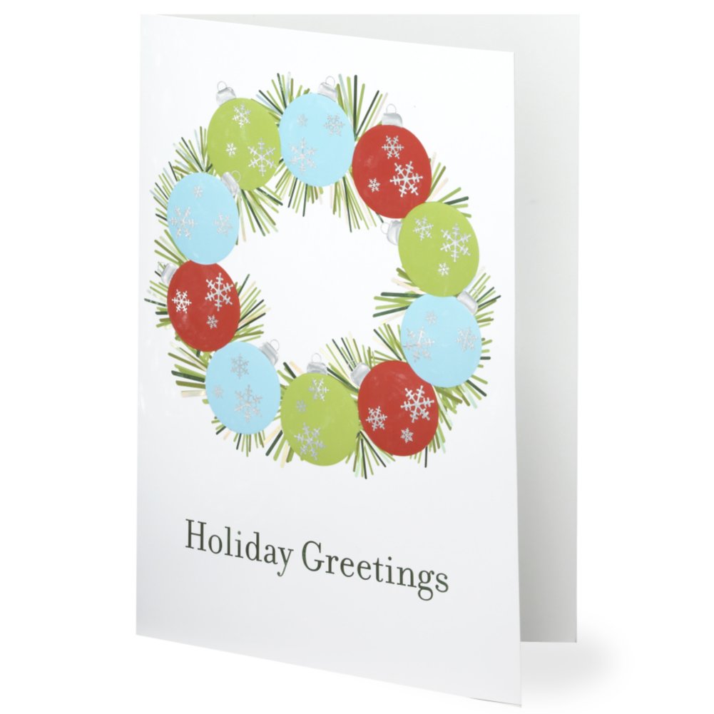 Holiday Greeting Card - Shimmering Wreath with Ornaments SIDE