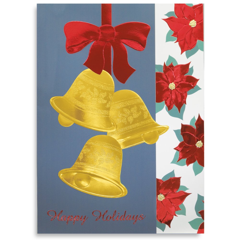 Holiday Greeting Card - Three Golden Bells and Poinsettia