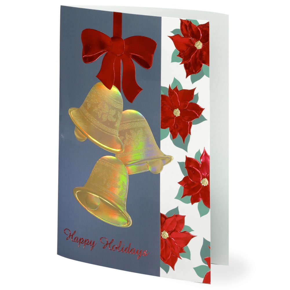 Holiday Greeting Card - Three Golden Bells and Poinsettia SIDE