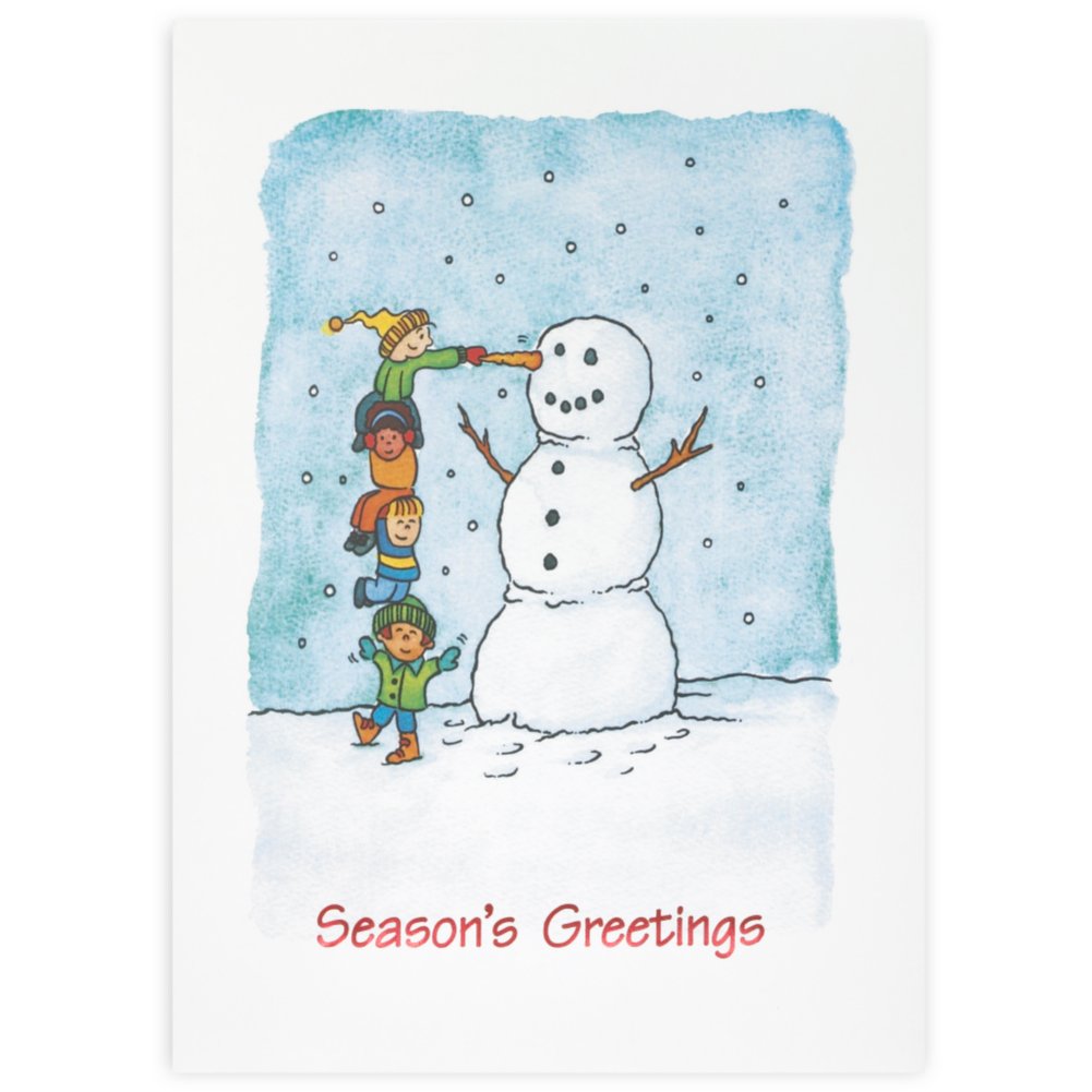 Holiday Greeting Card - Building a Snowman Watercolor