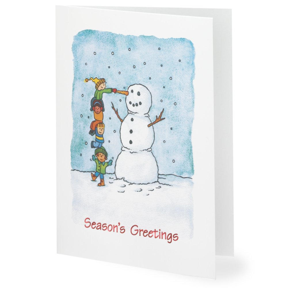 Holiday Greeting Card - Building a Snowman Watercolor SIDE