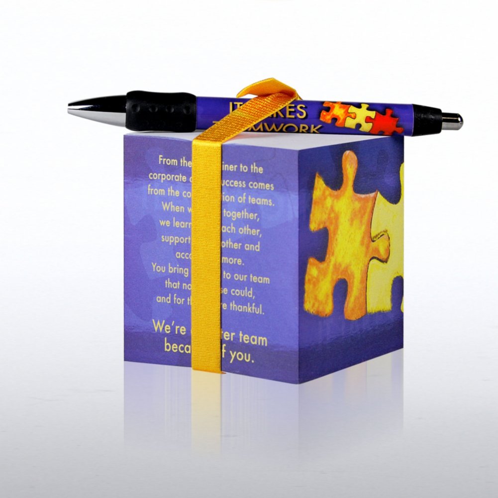 Note Cube & Pen Gift Set - It Takes Teamwork BACK