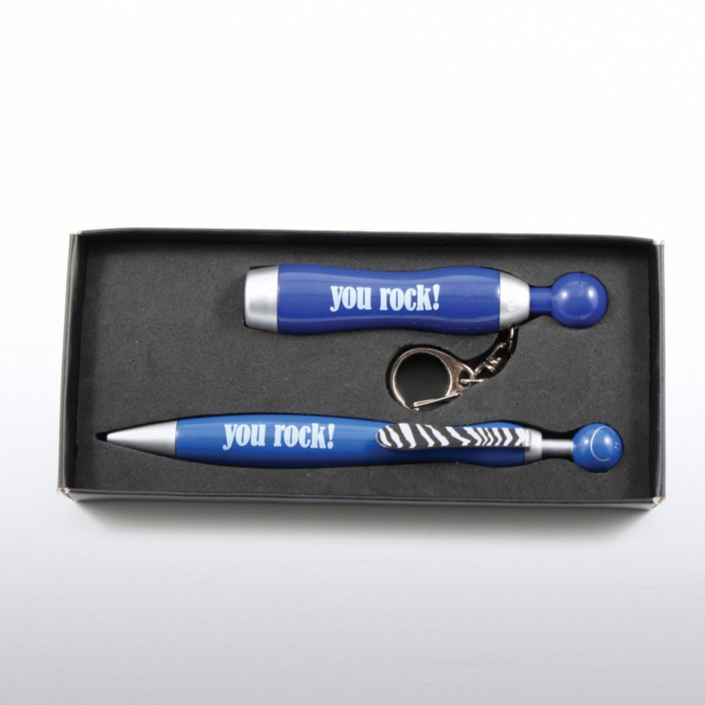 Flashlight & Smiley Pen Gift Set - You Rock! - Blue OPEN