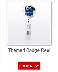 Themed badge reel. Shop now button