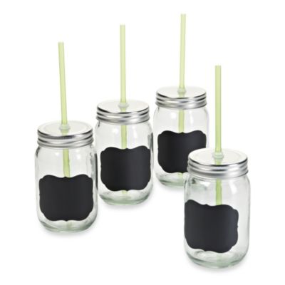 Home Essentials and Beyond “Chalk It Up" Mason Jars with Straws (Set of