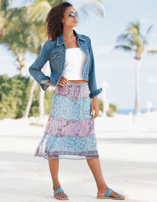 Tiered silk-printed skirt.