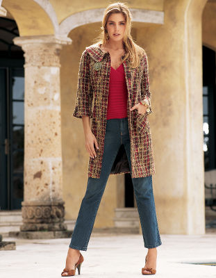 Three-quarter-sleeve tweed coat.