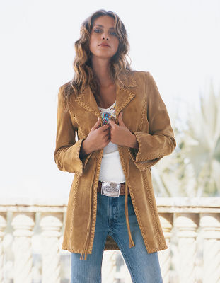 Whipstitch suede coat.