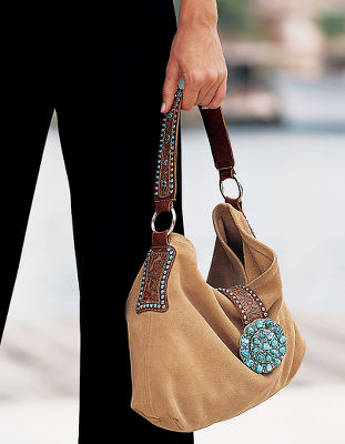 Embellished suede hobo bag.