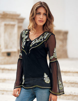 Embroidered sheer tunic.