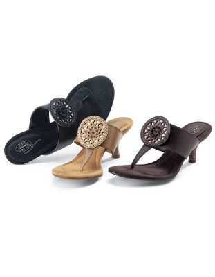 Stacked heel ornament thongs.