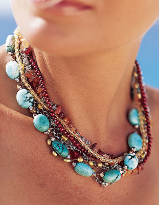 Multi-strand stone necklace.
