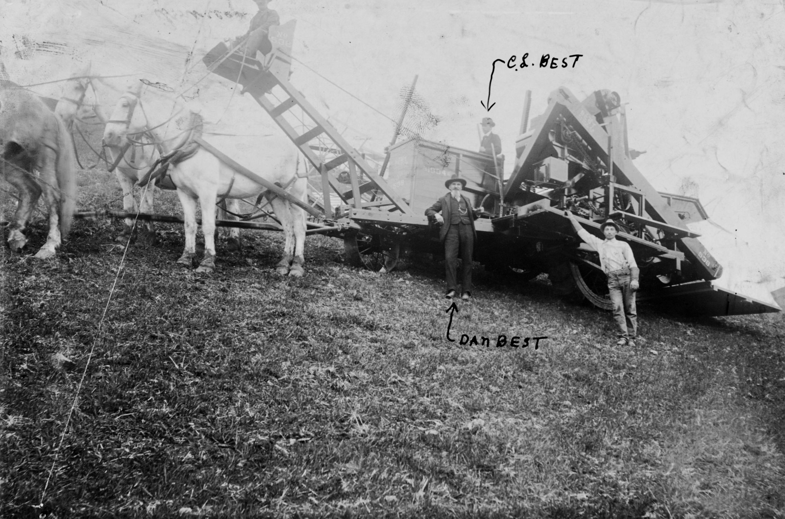 C. L. 和 Daniel Best站在一台由马匹牵引的联合收割机旁边。