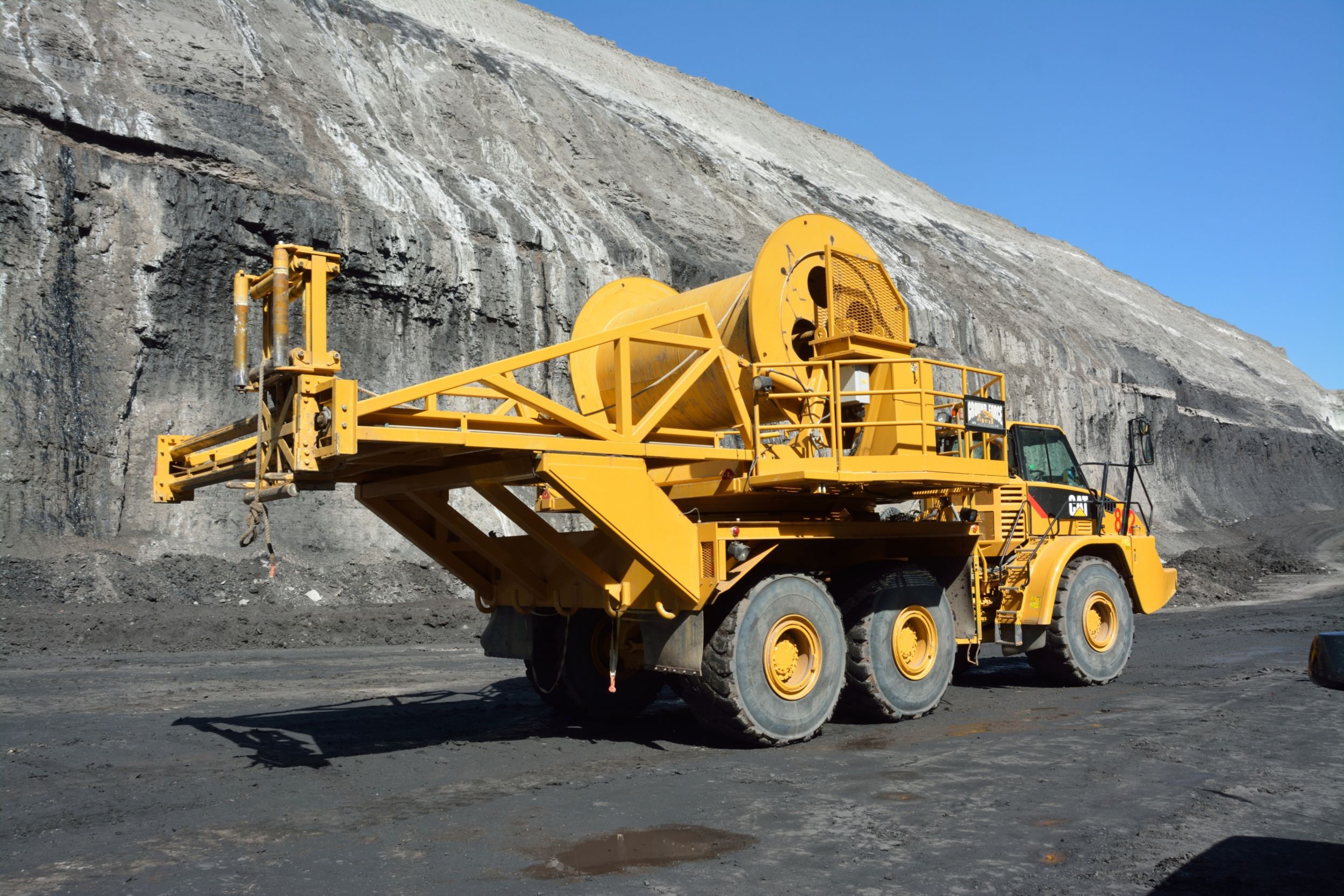 Powering the mine’s draglines and mining shovels is fast and simple with the highly efficient and maneuverable Ground Force Cable Reel Trucks that combine a Ground Force cable reel system with a specially modified Cat 740B Articulated Truck.