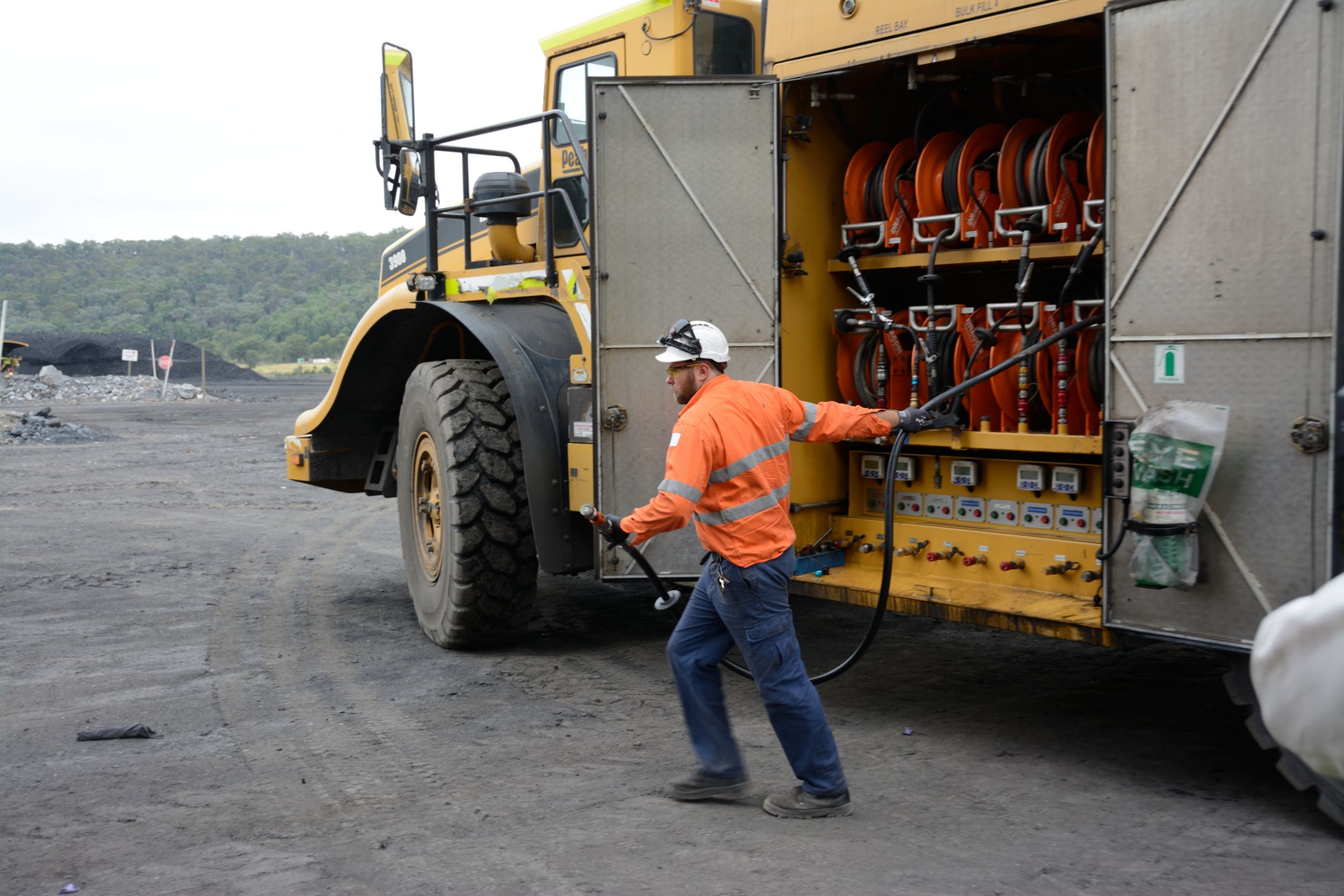 The Haulmax 3900 support trucks refuel machines and provide necessary fluids and lubricants so all heavy equipment is fully serviced and ready to operate for each shift.