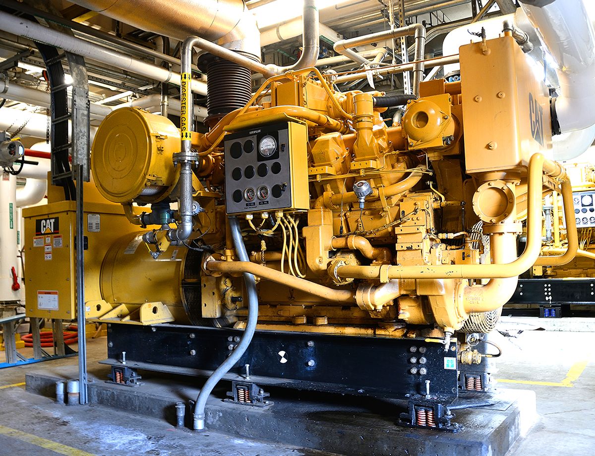 Following the installation of a second Cat G3508 gas genset in 2015, the WWTP generated more electrical energy on site from renewable biogas cogeneration and solar power than it consumed. 