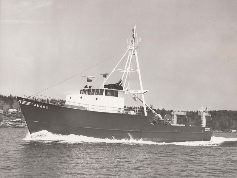 Built as a red fish boat in South Bristol, Maine, the Araho was the first boat to incorporate the steelable kort nozzle, an innovative propulsion device that improved fuel efficiency and handling capability.