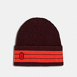 COACH STRIPED BEANIE WITH COACH PATCH - MAROON - 4920