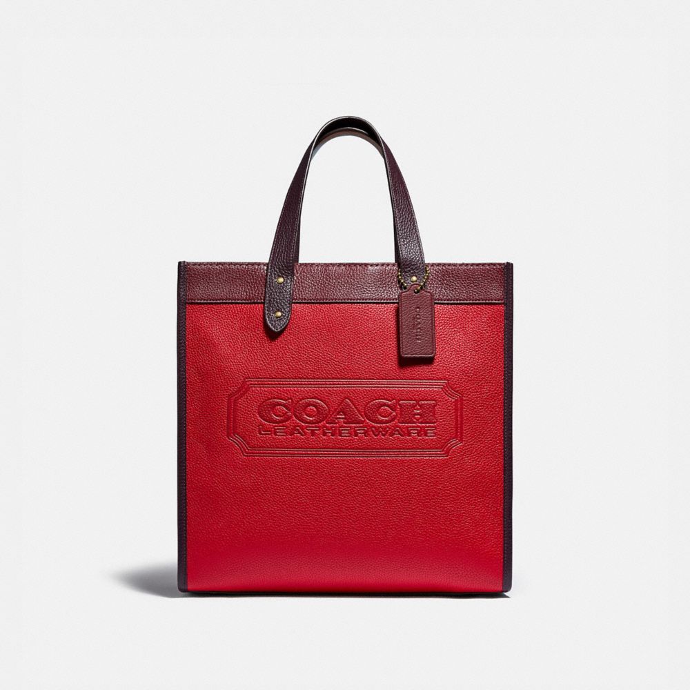 COACH Field Tote In Colorblock With Coach Badge - BRASS/ELECTRIC RED MULTI - C0775