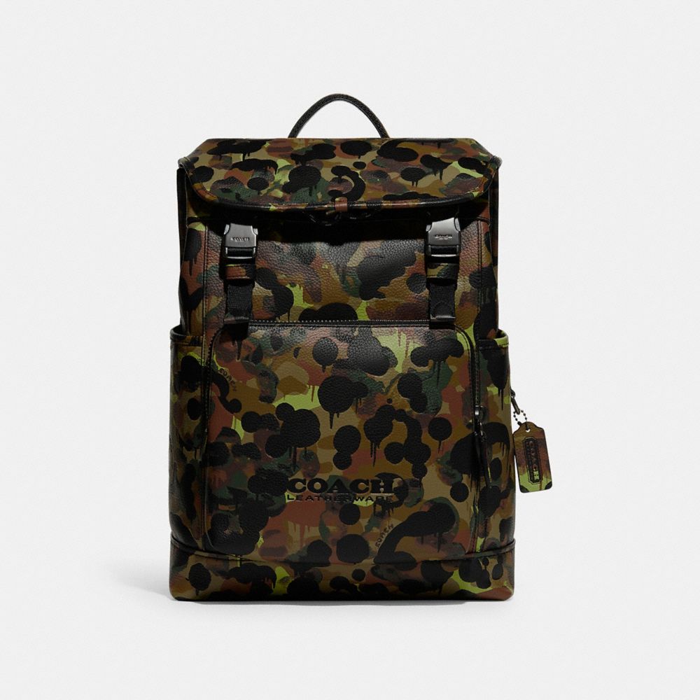 COACH League Flap Backpack With Camo Print - BLACK COPPER/NEON/YELLOW/BROWN - C5288