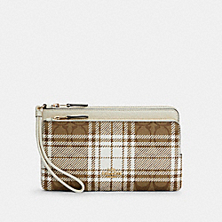 COACH DOUBLE ZIP WALLET IN SIGNATURE CANVAS WITH HUNTING FISHING PLAID PRINT - IM/KHAKI CHALK MULTI - C6008