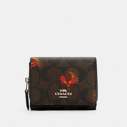 COACH Small Trifold Wallet In Signature Canvas With Pop Floral Print - GOLD/BROWN BLACK MULTI - C6042