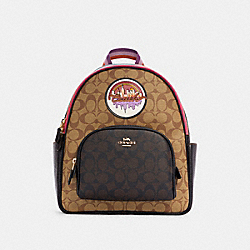 COACH Court Backpack In Blocked Signature Canvas With Souvenir Patches - GOLD/KHAKI BROWN MULTI - C6920