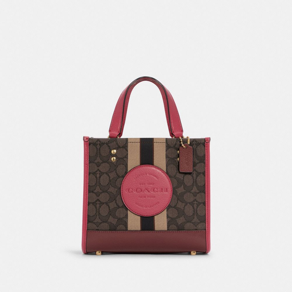 COACH Dempsey Tote 22 In Signature Jacquard With Stripe And Coach Patch - GOLD/BROWN STRAWBERRY HAZE - C7083