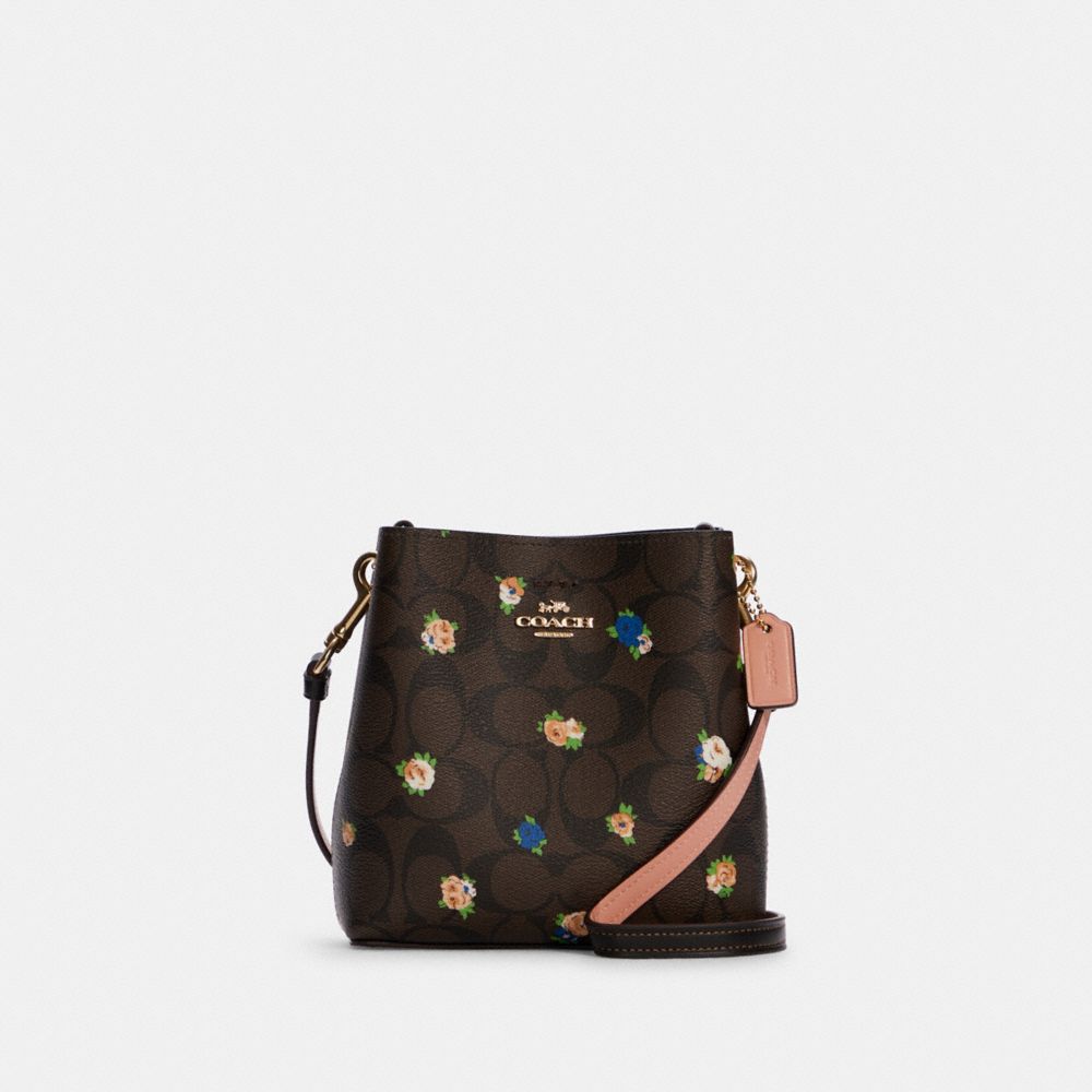COACH Mini Town Bucket Bag In Signature Canvas With Vintage Mini Rose Print - GOLD/BROWN BLACK MULTI - C7270