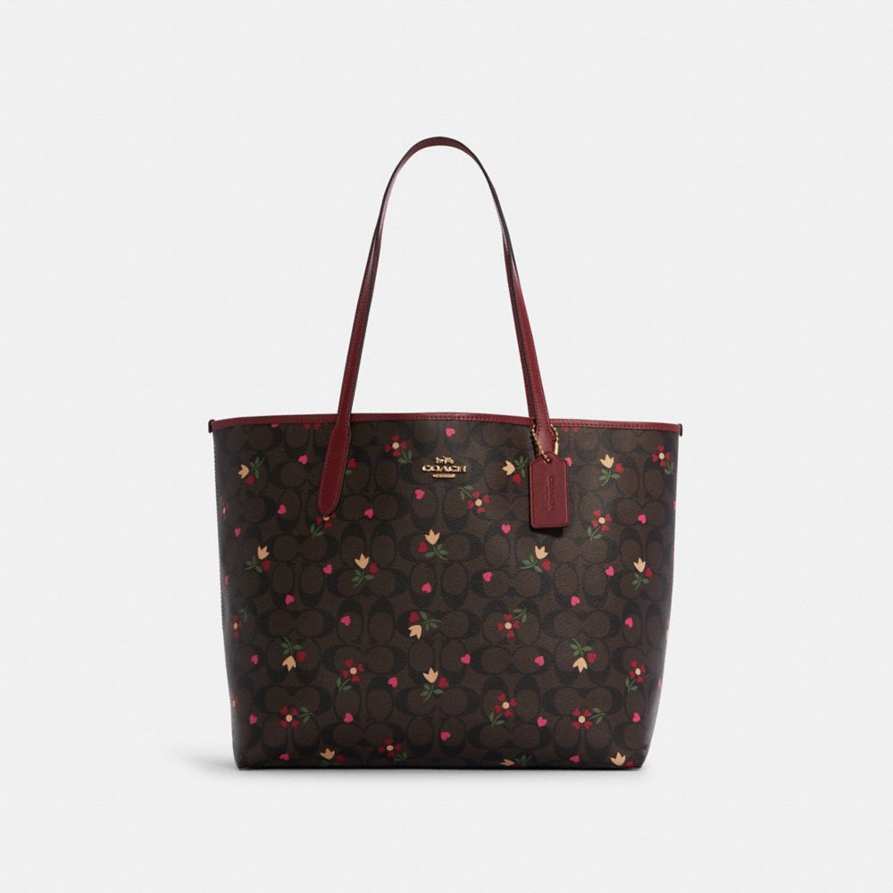 COACH City Tote In Signature Canvas With Heart Petal Print - GOLD/BROWN MULTI - C7616