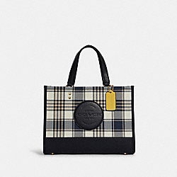 COACH Dempsey Carryall With Garden Plaid Print And Coach Patch - GOLD/MIDNIGHT MULTI - C8201