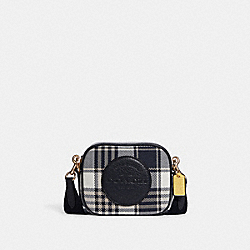 COACH Mini Dempsey Camera Bag With Garden Plaid Print And Coach Patch - GOLD/MIDNIGHT MULTI - C8681