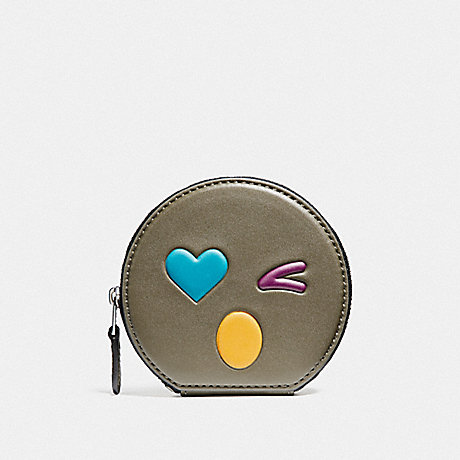 COACH HEART ROUND COIN CASE IN GLOVETANNED LEATHER - SILVER/OLIVE MULTI - f11727