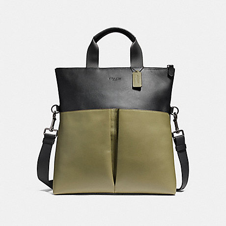 COACH CHARLES FOLDOVER TOTE IN COLORBLOCK LEATHER - BLACK ANTIQUE NICKEL/BLACK/MILITARY GREEN - f11740