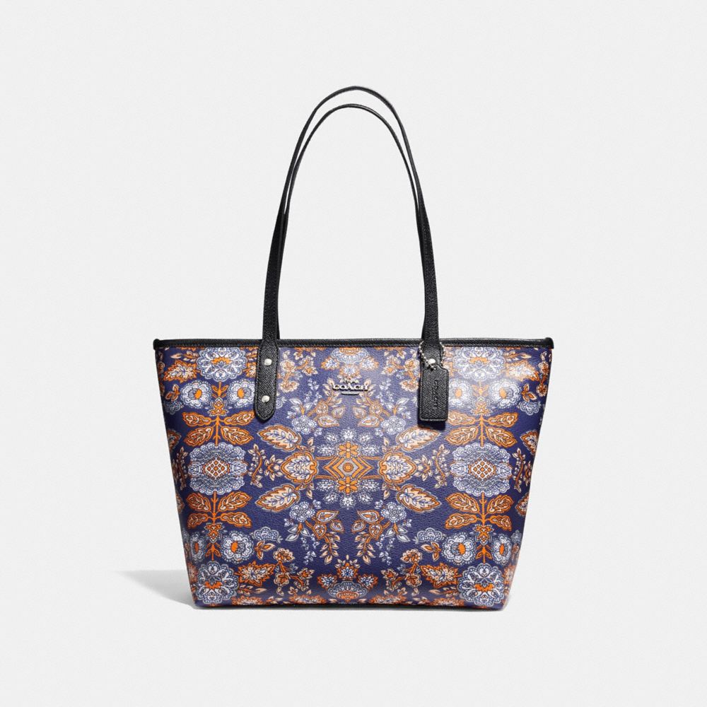 CITY ZIP TOTE IN FOREST FLOWER PRINT COATED CANVAS - COACH f11823 - SILVER/BLUE