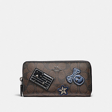COACH ACCORDION ZIP WALLET IN SIGNATURE COATED CANVAS WITH VARSITY PATCHES - BLACK ANTIQUE NICKEL/BROWN - f11855