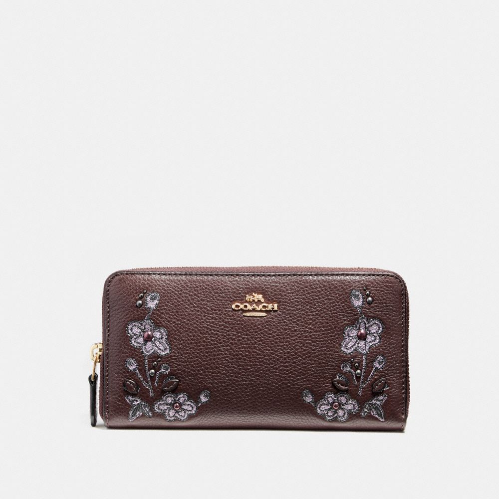 ACCORDION ZIP WALLET IN REFINED NATURAL PEBBLE LEATHER WITH  FLORAL EMBROIDERY - COACH f11885 - LIGHT GOLD/OXBLOOD 1