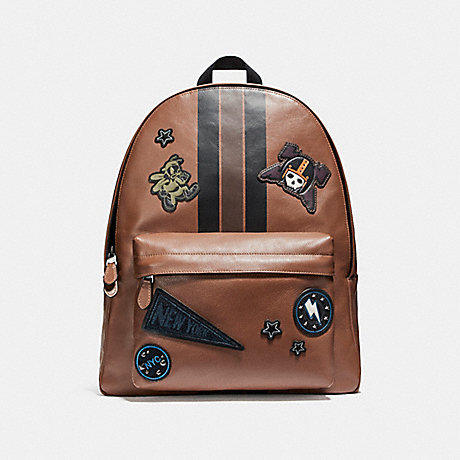 COACH CHARLES BACKPACK IN SMOOTH CALF LEATHER WITH VARSITY PATCHES - BLACK ANTIQUE NICKEL/DARK SADDLE/BLACK/MAHOGANY - f11898