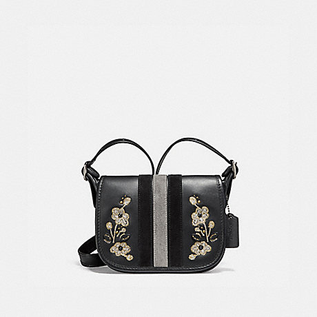 COACH PATRICIA SADDLE 18 IN VARSITY STRIPE LEATHER WITH FLORAL EMBROIDERY - ANTIQUE NICKEL/BLACK - f11911