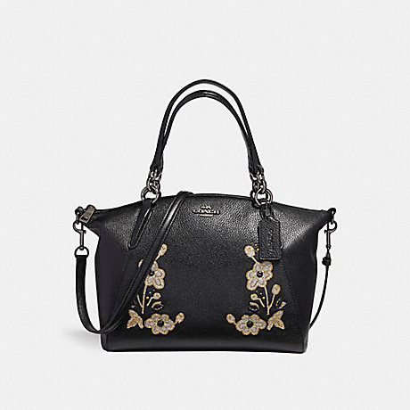 COACH SMALL KELSEY SATCHEL IN PEBBLE LEATHER WITH FLORAL EMBROIDERY - ANTIQUE NICKEL/BLACK - f12007