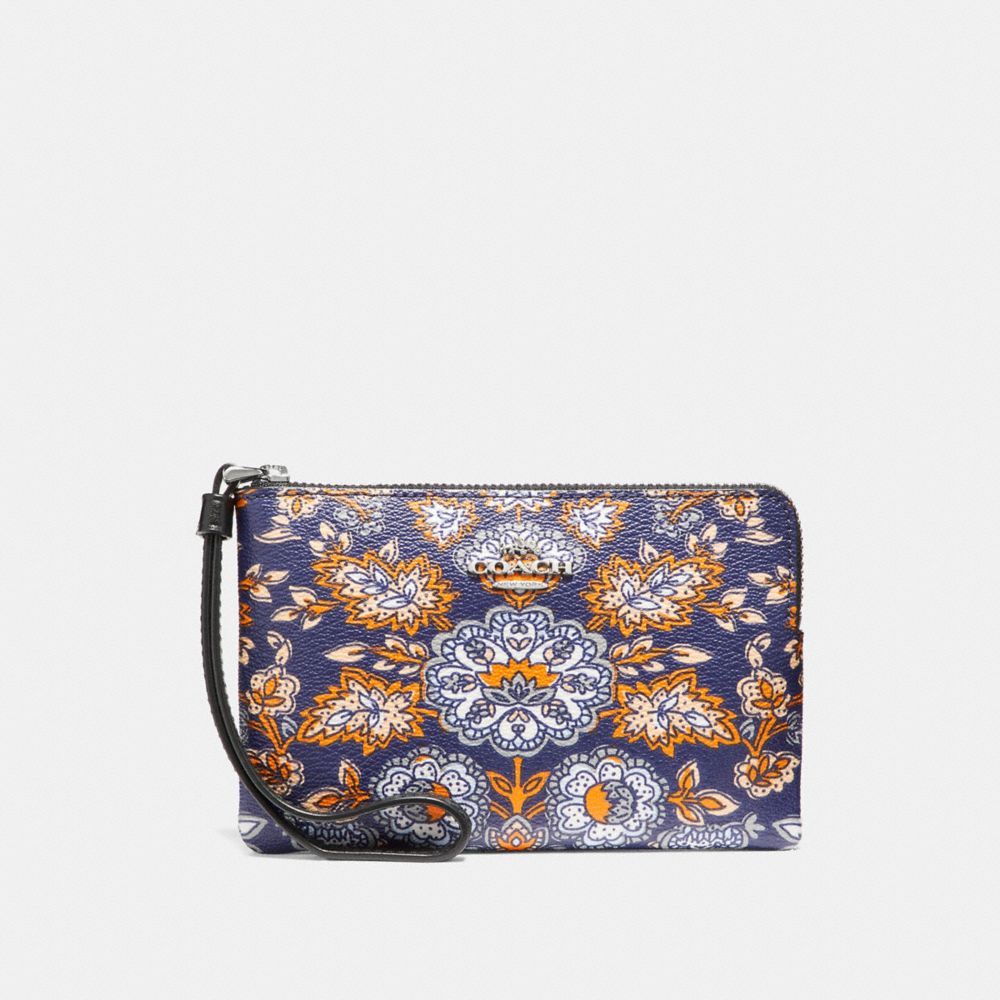 CORNER ZIP WRISTLET IN FOREST FLOWER PRINT COATED  CANVAS - COACH f13314 - SILVER/BLUE