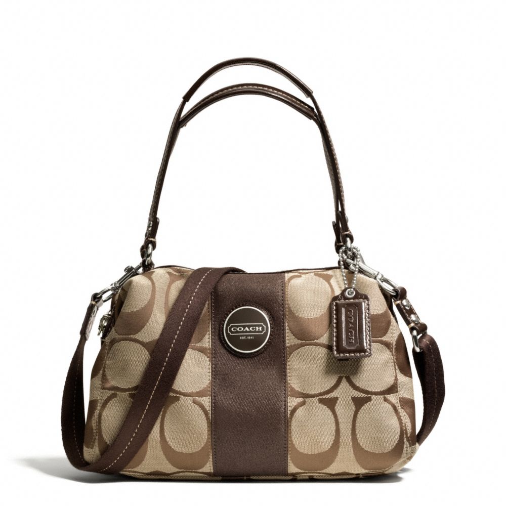 COACH SIGNATURE STRIPE CONVERTIBLE SATCHEL - SILVER/KHAKI/MAHOGANY - F15518