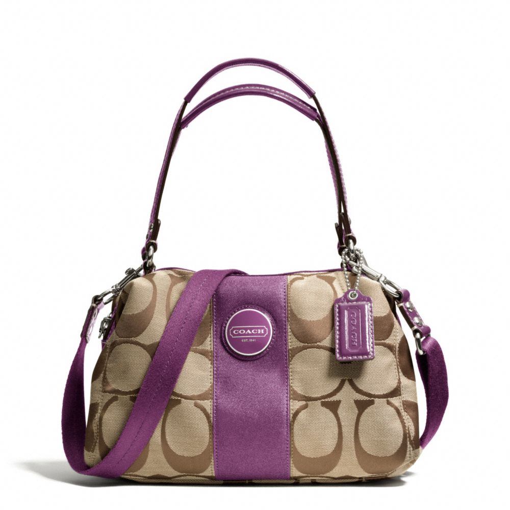 COACH SIGNATURE STRIPE CONVERTIBLE SATCHEL - SILVER/KHAKI/PLUM - F15518