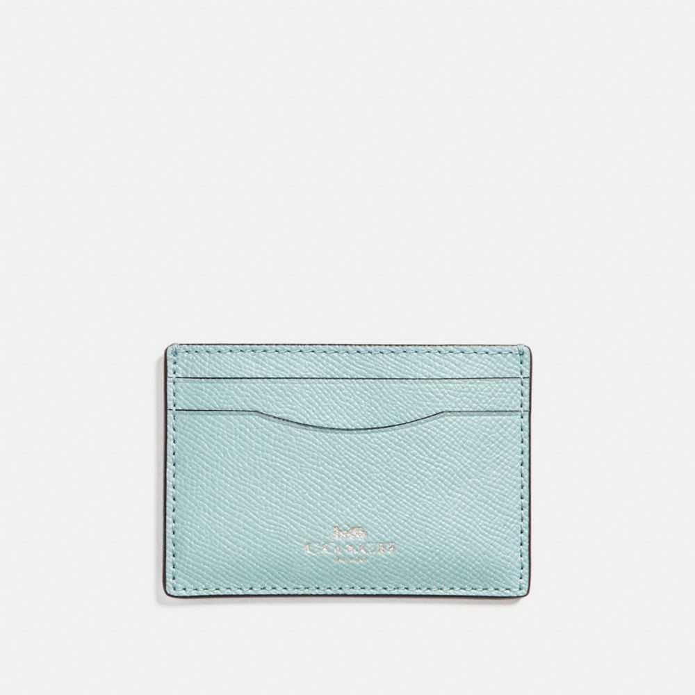 FLAT CARD CASE IN GLITTER CROSSGRAIN LEATHER - COACH f15565 - SILVER/AQUA