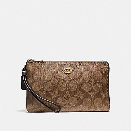 COACH DOUBLE ZIP WALLET IN SIGNATURE COATED CANVAS - LIGHT GOLD/KHAKI - f16109