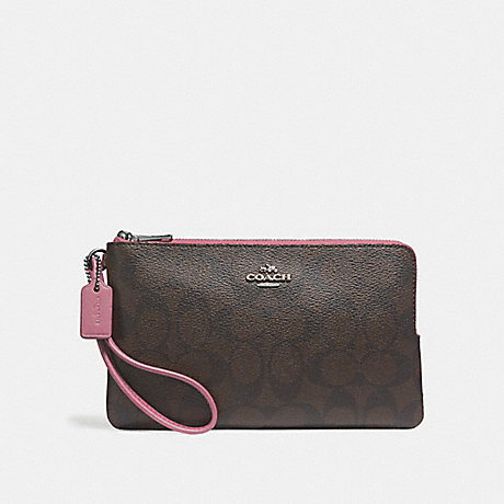 COACH DOUBLE ZIP WALLET IN SIGNATURE CANVAS - brown/dusty rose/silver - f16109