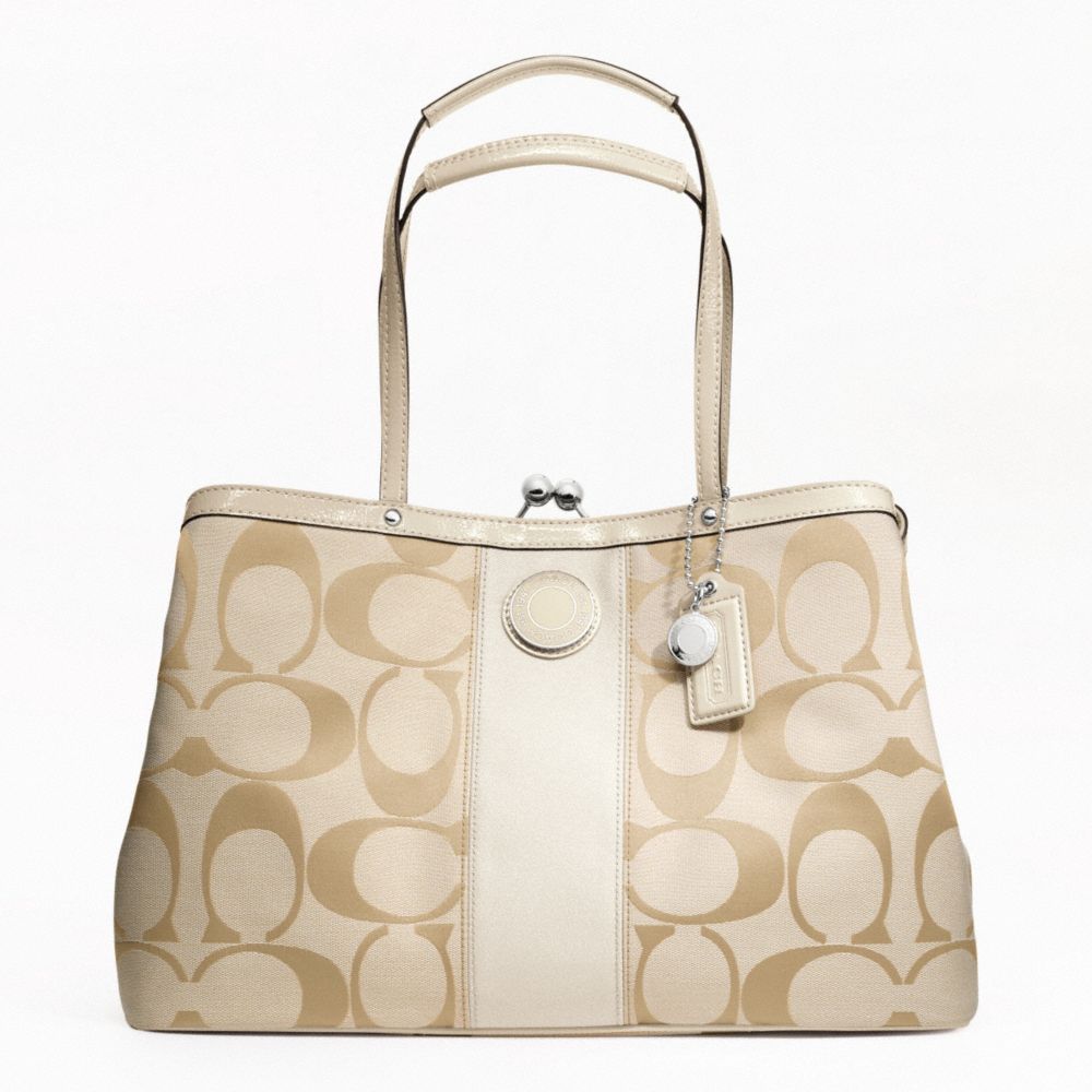 COACH SIGNATURE STRIPE FRAMED CARRYALL - SILVER/LIGHT KHAKI/WHITE - F19190