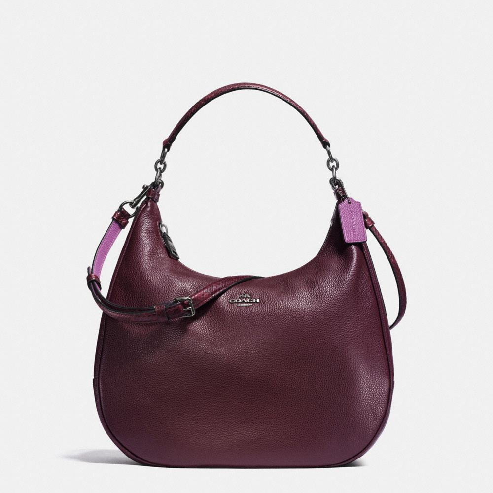 COACH EAST/WEST HARLEY HOBO IN POLISHED PEBBLE LEATHER WITH PYTHON EMBOSSED LEATHER TRIM - BLACK ANTIQUE NICKEL/OXBLOOD MULTI - F20917